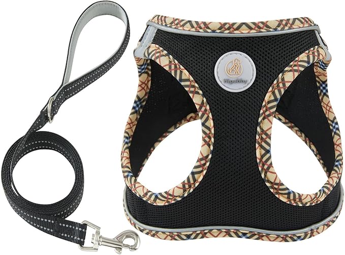 Hipubby Dog Harness Small Sized and Leash Set, No Pull Soft Mesh Puppy Vest, Reflective Breathable Lightweight Pet Harness, Harness for Small Medium Dogs and Cats - Black/Khaki Trim, L