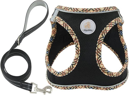 Hipubby Dog Harness Small Sized and Leash Set, No Pull Soft Mesh Puppy Vest, Reflective Breathable Lightweight Pet Harness, Harness for Small Medium Dogs and Cats - Black/Khaki Trim, XS