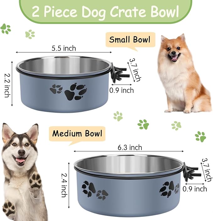 Kathson 2 Pcs Dog Kennel Crate Feeder, Stainless Steel No Spill, Hanging Metal Pet Food Bowl for Cats Small Medium Dogs (Gray)