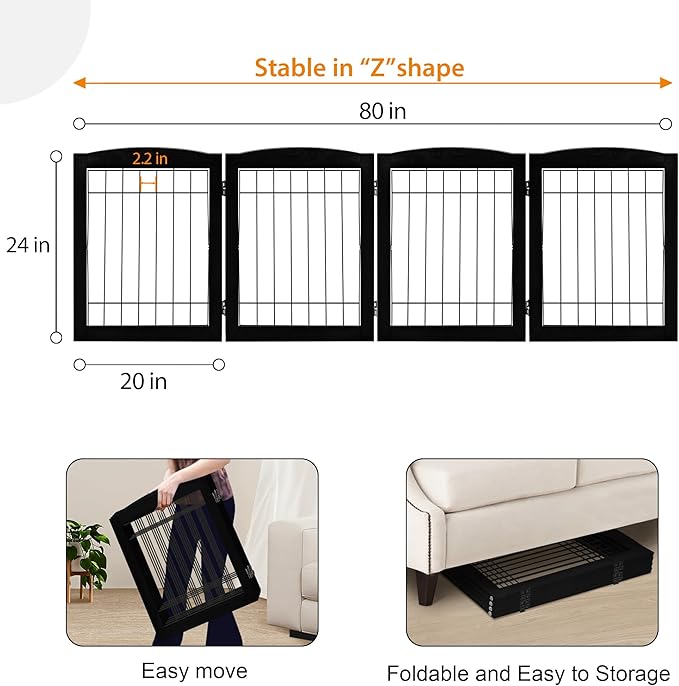 LZRS 4-Panel Extra-Wide Wooden Freestanding Dog Gate: Foldable Solid Wood and Steel Wire Chew Resistant Safety Barrier for Doorways, Stairs, and Large Open Spaces Indoor Use, Black