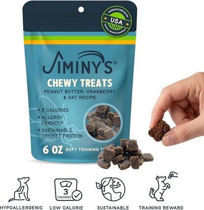 Jiminy's Chewy Training Treats for Dogs, Low Calorie, Hypoallergenic Insect Protein, Made in USA, 6oz, Peanut Butter & Cranberry (Pack of 1)