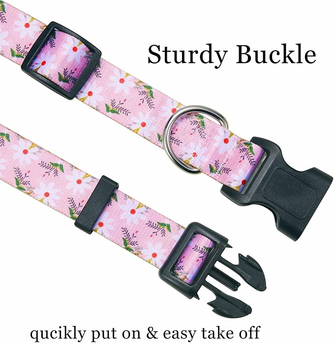Mihqy Dog Collar with Bohemia Floral Tribal Geometric Patterns - Soft Ethnic Style Collar Adjustable for Small Medium Large Dogs (Pink White Flower,M)