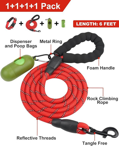 Dynmeow Reflective Dog Collar and Leash Set, 6FT Strong Climbing Rope Leash with Padded Handle, Adjustable Pet Collar with Soft Neoprene Padding for Medium Large Dogs, Red, M