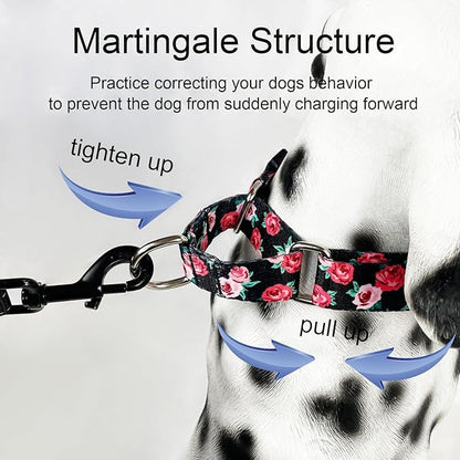 Martingale Collar for Dogs Pink Floral Dog Collars for Medium Dogs with Buckle Girl Female Soft Nylon Dog Collar (Black Pink Rose, M)