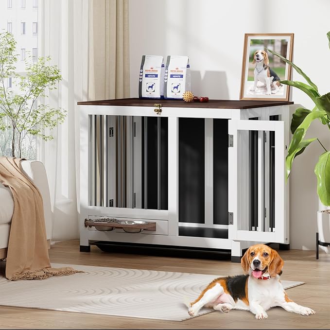 31.5" Dog Crate Furniture - Indoor Wooden Kennel with 360° Rotating Feeder | Multi-Functional End Table for Small & Medium Dogs | Portable Pet Cage with Removable Tray & Easy Assembly