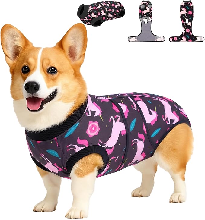 PetWarm Dog Surgical Recovery Suit, Recovery Suit for Dogs, Onesie for Dogs, Spay and Neuter, Weaning, Prevents Licking Cotton Protect Dog Abdominal, Unicorn Pattern, Black, S