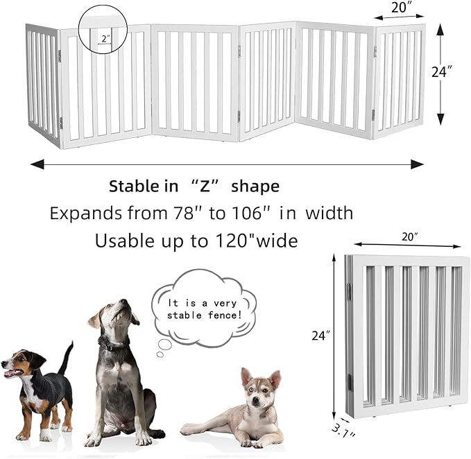 ZJSF Freestanding Indoor Dog Gate for House Foldable Wood White Puppy Gate for Doorways Pet Gate for Stairs Extra Wide Pet Fence 24" Height 6 Panels