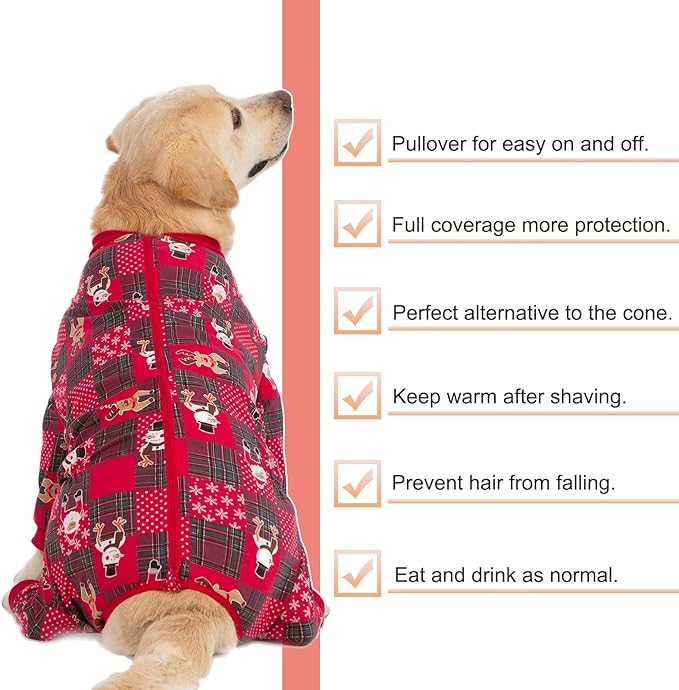 Yeapeeto Dog Onesie Surgery Recovery Suit for Large Medium Bodysuit Dogs Pajamas PJS Full Body for Shedding, Prevent Licking, Wound Protection, Cone Alternative… (Xmas Red, 3XL)