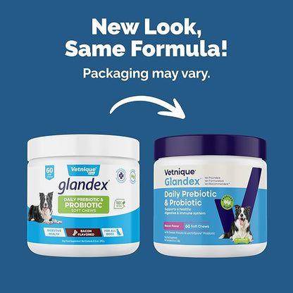 Vetnique Glandex Daily Probiotics for Dogs with Prebiotics to Support Gut Health, Diarrhea with Fiber and Digestive Enzymes, Dog Probiotic Chews or Powders (60ct Chews, Bacon Chews)