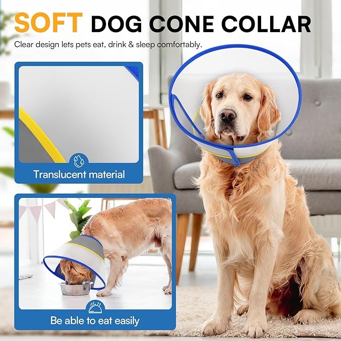 Queenmore Dog Cone - Soft Cone for Dogs to Stop Licking Transparent Elizabeth Recovery Collar for Large Dog Flexible Plastic Cones for Dogs After Surgery, Normal Eating and Drinking, Blue Large