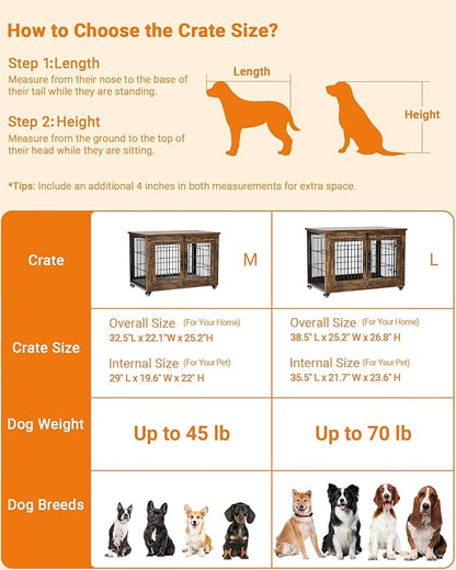 Dog Crate Furniture with Cushion, Wooden Dog Kennel Indoor with Double Doors, Dog Cage with Wheels, Dog House Side End Table for Small Medium Dogs up to 45 lb, 32.5” L, Rustic Brown