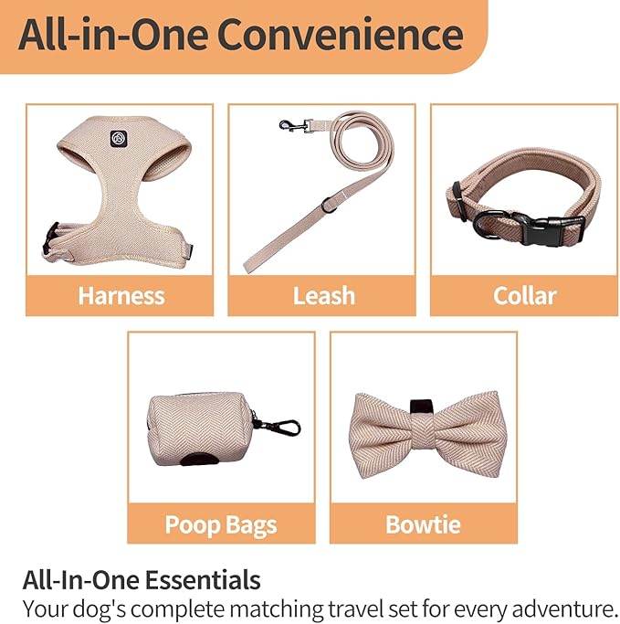 EVERKING 5-Piece Dog Travel Set, Adjustable Harness, Leash, Collar, Poop Bags, Bowtie for Small Medium Dogs, Beige, Breathable No-Pull Design (Beige, S)