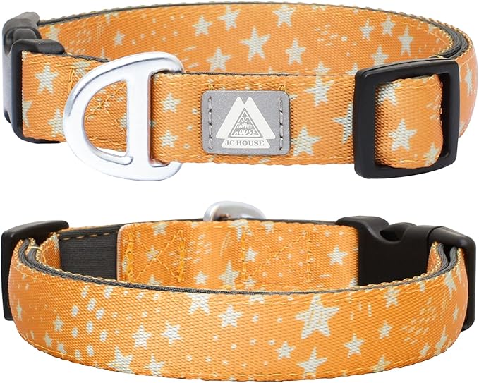 Fall Dog Collar, Cute Star Pattern Brown Collars for Girl & Boy,Reflective,Soft Padded Neoprene,Fully Adjustable,Durable & Lightweight Large Dog Collar, (Star, L)