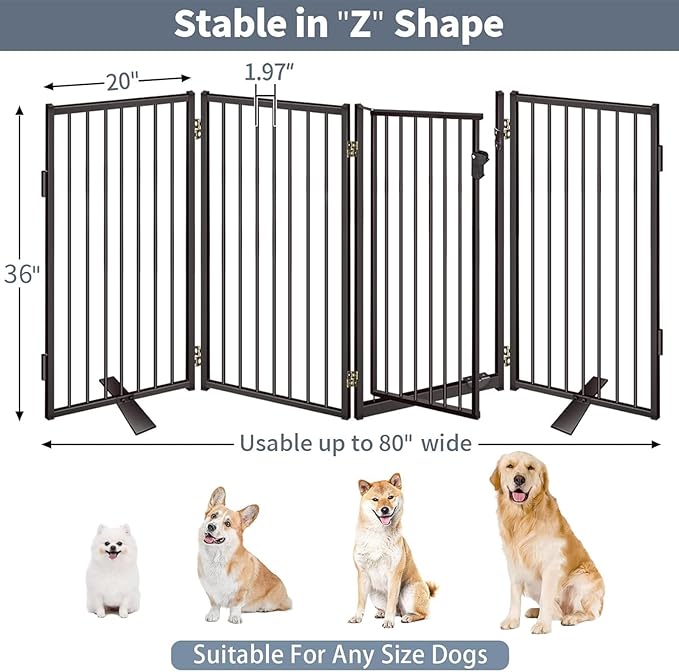 Metal Freestanding Dog Gates with Door for Outdoor Indoor,80'' Extra Wide 36'' Tall Free Standing Dog Gate for Doorways,Large Openings,Deck,Yard,Porch,Foldable Safety Pet Fence(Black,4 Panels)