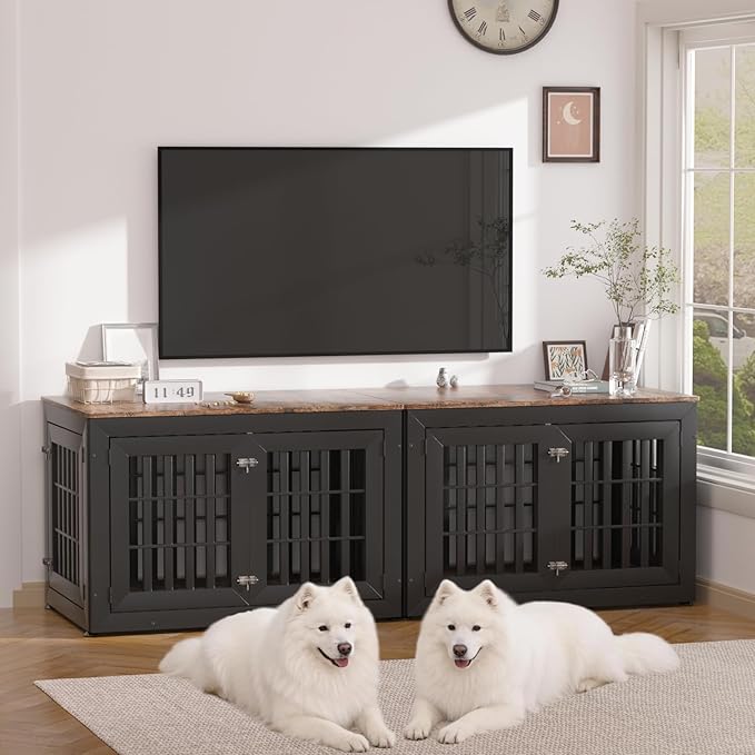 Snuowu 42" Heavy Duty Dog Crate Furniture for Small,Medium and Large Dogs,Rustic Wooden Dog Cage Kennel Indoor Furniture with Waterproof Top,Decorative Pet House Side End Table (Black & Wood)