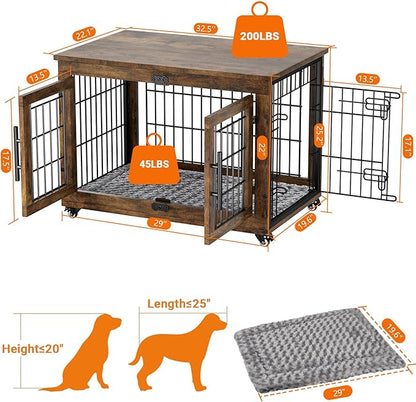 Dog Crate Furniture with Cushion Set of 2, Wooden Dog Kennel Indoor with Wheels & Double Doors, Dog Cage Side End Table for Medium Small Dogs up to 45 lb, 32.5” L, Rustic Brown