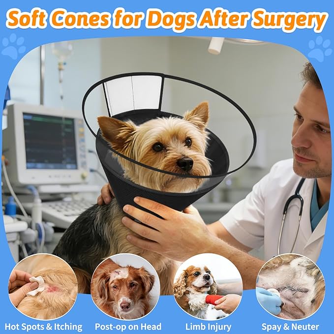 Dog Cone Collar, Clear Soft Cone for Dogs After Surgery to Stop Licking, Breathable Mesh Recovery Collar with Elastic Loop for Snug Fit, Adjustable E-Collar for Medium Dogs, Black Size 3