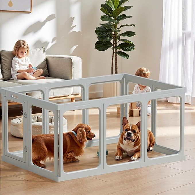 Clear Acrylic Dog Playpen - 30.4 x 30.4 Inch, 24" H 8 Planes Transparent Dog Fence Indoor, Sturdy Pet Pen for Puppy/Small Dog/Rabbit/Pig, Easy Assemble & Cleaning Plastic Whelping Box Enclosure, Grey