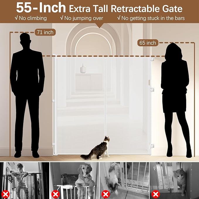 Reinforced 55" Extra Tall Cat Gate for Doorway - No Jumping Over/Crawling Under, Retractable Baby Gate for Cats Fits Openings up to 55" Wide, Retractable Dog Gate Indoor Tall Pet Gate for Stairs/White