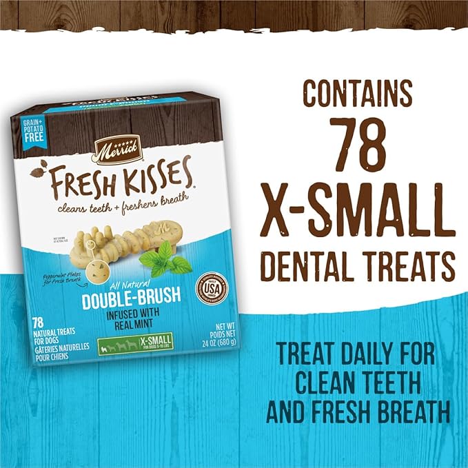 Merrick Fresh Kisses Natural Dental Chews Toothbrush Treat Shape Infused With Real Mint For Tiny Dogs 5-15 Lbs - 33 ct. Bag