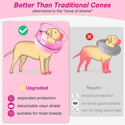 BARKLESS Inflatable Dog Cone, Protective Dog Surgery Collar to Stop Licking Biting Wounds, Patented Soft Donut Cone with Clear Shield, Adjustable Blow-up Collar for Surgery Recovery (Pink, M+)