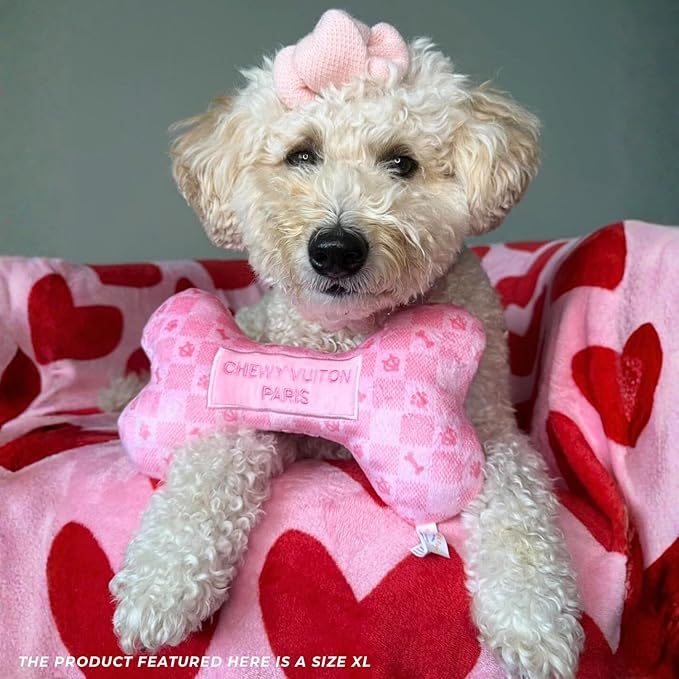 Haute Diggity Dog Chewy Vuiton Bone Plush Squeaky Dog Toy, Soft Durable Designer-Inspired Stuffed Puppy Chew Toys for Small & Medium Dogs, Machine-Washable (Pink Checker) Small