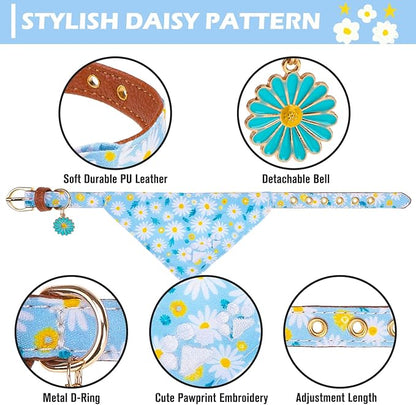EXPAWLORER Small Collar and Leash Set - Embroidery Pawprints with Bow Tie and Bandana Collar with Bell, Soft Tangle Free Leash for Dogs Cats Outdoor Walking, Holiday Ideal Gift Blue Daisy S