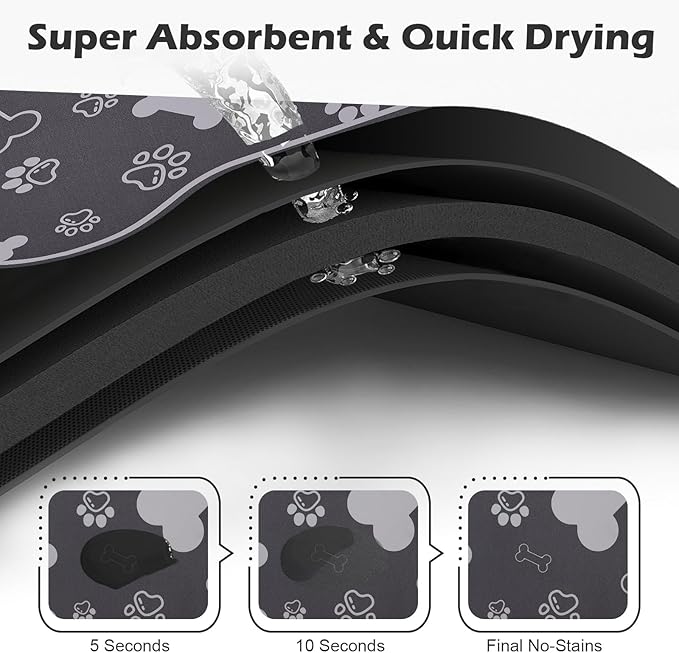 Dog Cat Food Mat,Rapid Absorbent Pet Feeding Mat, Bone Shaped Dog Placemat Water Bowl Mat with Rubber Backing,No Stains Dog Cat Food Mats Indoor, Pet Accessories Supplies 23"x36" Dark Grey