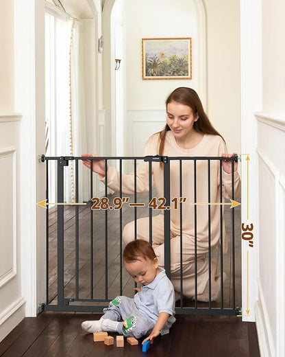 InnoTruth 28.9-42.1" Wide Baby Gate for Stairs, 30" Tall Dog Gates for Doorways Expandable One-Hand Open, Easy Walk Through Dual Lock Metal Pet Gates for Dogs, Black-Family & Mom's Choice Award Winner