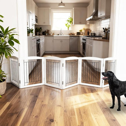ZJSF Freestanding Foldable Dog Gate Wooden Extra Wide White Puppy Gate 6 Panels Tall Pet Gates for The House Dog Fence