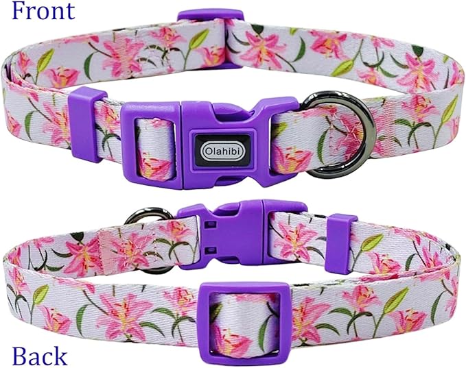 Dog Collar Leash Set, Floral Pattern, Polyester Material, Adjustable Collar and 5ft Matchcing Leash, for Large Dogs.(L, Purple Lily)