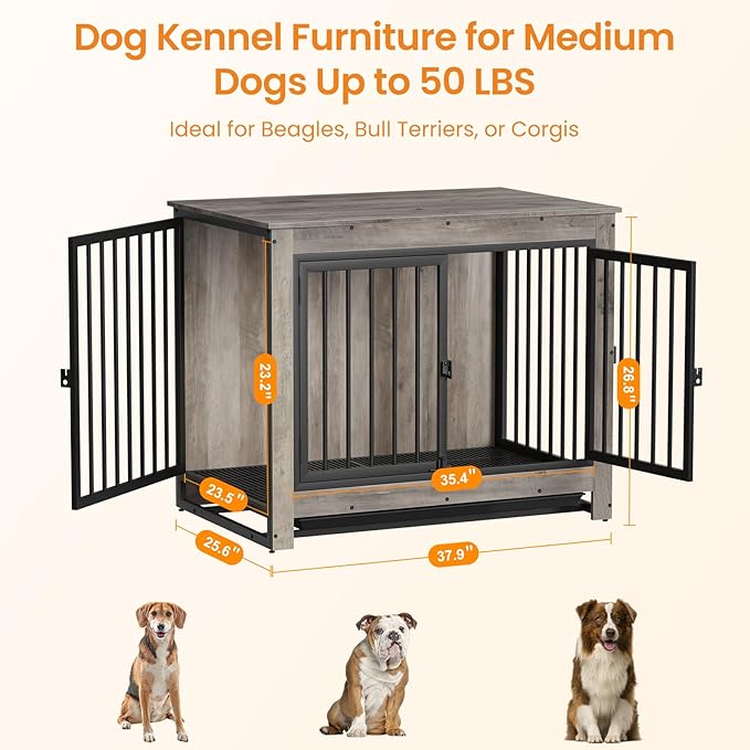 Derfullo Dog Crate Furniture, 38 Inch Indoor Dog Kennel for Medium Dogs Up to 50 LBS, Heavy Duty Wooden Pet Cage End Table with 3 Doors, Alloy Steel Frame & Removable Tray