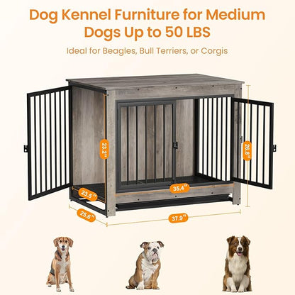 Derfullo Dog Crate Furniture, 38 Inch Indoor Dog Kennel for Medium Dogs Up to 50 LBS, Heavy Duty Wooden Pet Cage End Table with 3 Doors, Alloy Steel Frame & Removable Tray
