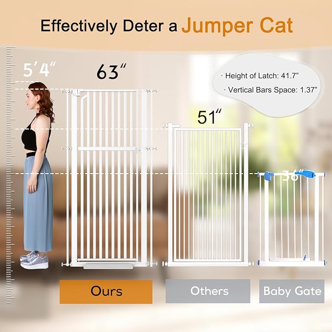 Senneny 63" Extra Tall Cat Gate Auto Close & One-Hand Open, Includes Extension Kit, No Drilling Pressure Mounted & Wall Mounted Kits, Metal Pet Gate Fits Openings 41.3" to 45.2" Wide, White