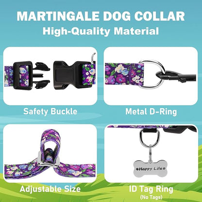 Martingale Collar for Dogs with Buckle Adjustable Nylon Slip No Pull Training Dog Collars (Purple Floral, Small)