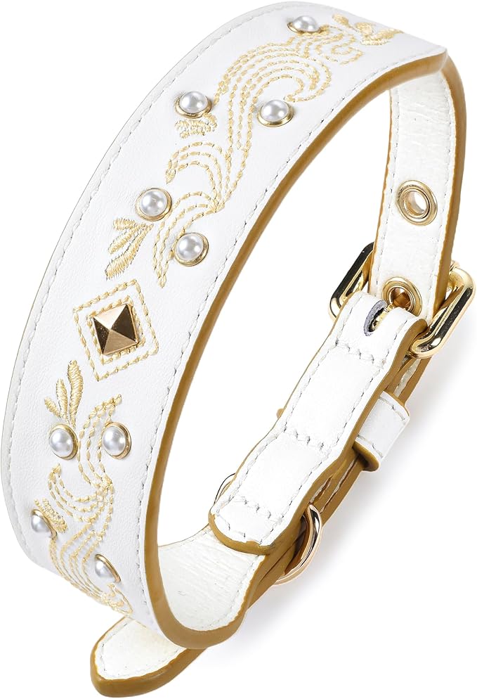 Blueberry Pet Western Genuine Leather Dog Collar for Small Breeds, Pearl White - Floral Embroidery, Pearl Studs, Adjustable 12-15 Inch Neck