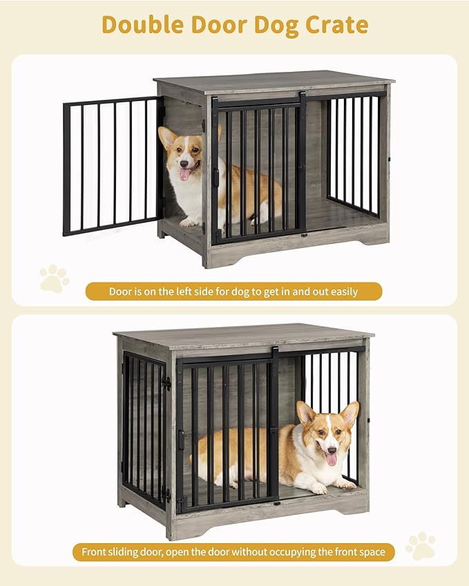 Hzuaneri 31.9" Dog Crate Furniture with Barn Door, Heavy Duty Dog Kennel Indoor with 2 Doors, Wooden Pet Cage End Table for Small Medium Dogs up to 44 lb, Anti-Chew Anti-Escape, Greige DFC83605B