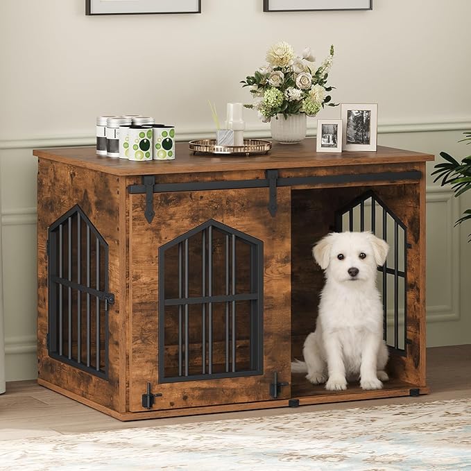 MAHANCRIS Dog Crate Furniture, 31.5" Farmhouse Dog Kennel with Sliding Barn Door, Wooden Dog Cage for Small Medium Dogs, Decorative Pet House Side End Table, Chew-Resistant, Rustic Brown DCHR9601