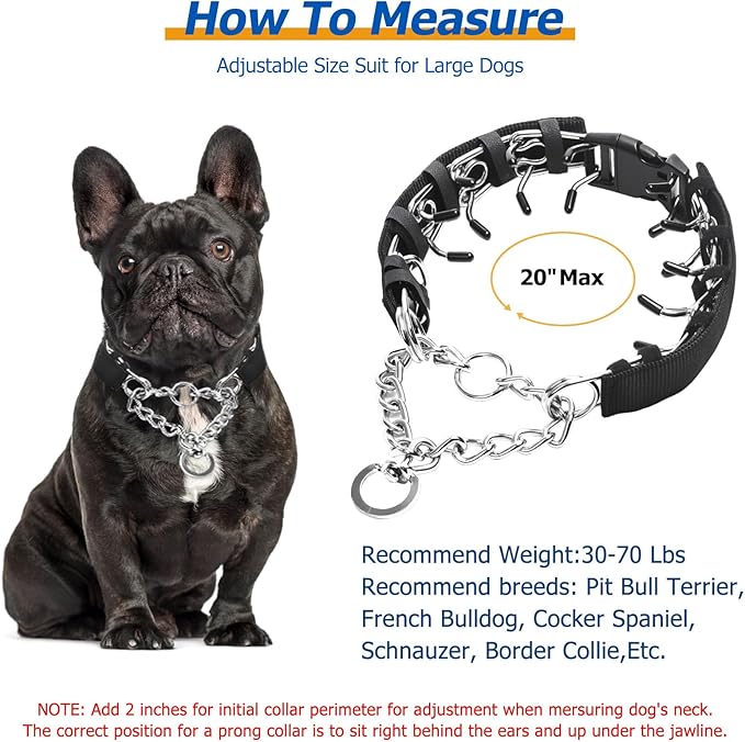 Prong Collar for Medium Dogs with Nylon Cover, Dog Pinch Collar,Dog Training Collar,High Strength Quick Release Buckle,Comfort Rubber Tips (Black，3.0mm, 20-Inch)