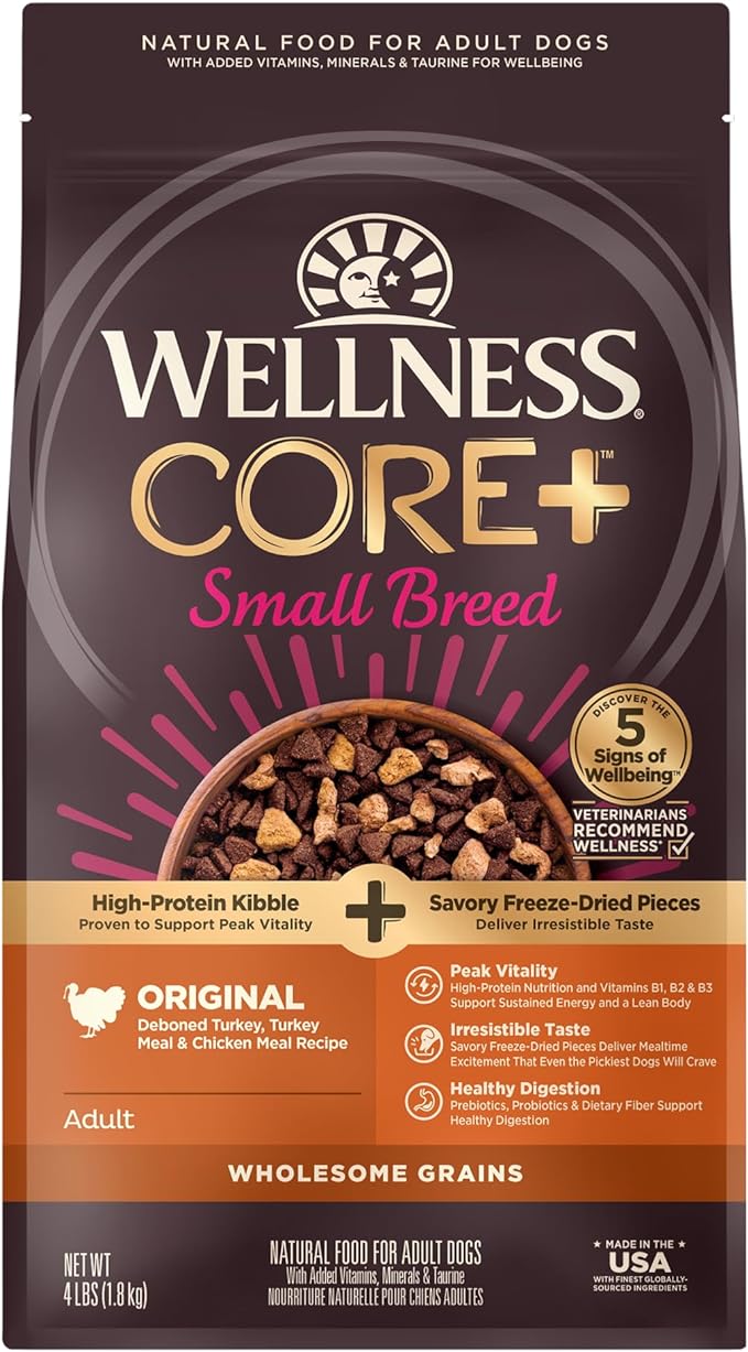 Wellness CORE+ Dry Dog Food with Freeze Dried Pieces, Small Breed, Wholesome Grains, High Protein, Natural, Original Turkey & Chicken Recipe, (4-Pound Bag)