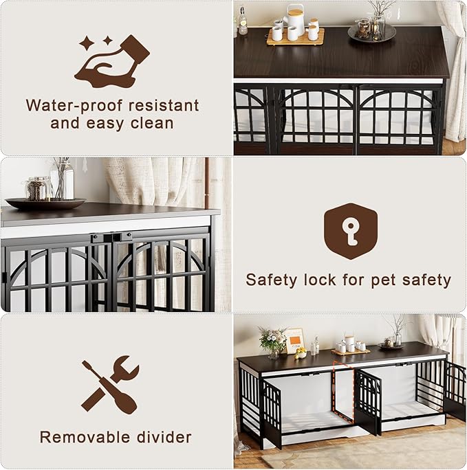 COZPAW 86 Inch Double Dog Crate Furniture, Extra Large Dog Kennel Indoor for 2 Dogs, Heavy Duty Dog Cage with Divider, Wooden Dog House Decorative Table TV Stand for XLarge Dogs (White&Brown)