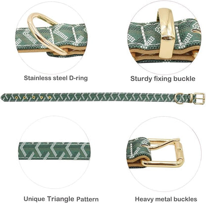 Leather Dog Collar and Leash Set, Check Pattern Dog Collar Leashes Metal Buckle Adjustable Durable for Small Medium Large Dogs (Green, L(14.5-18.5IN))