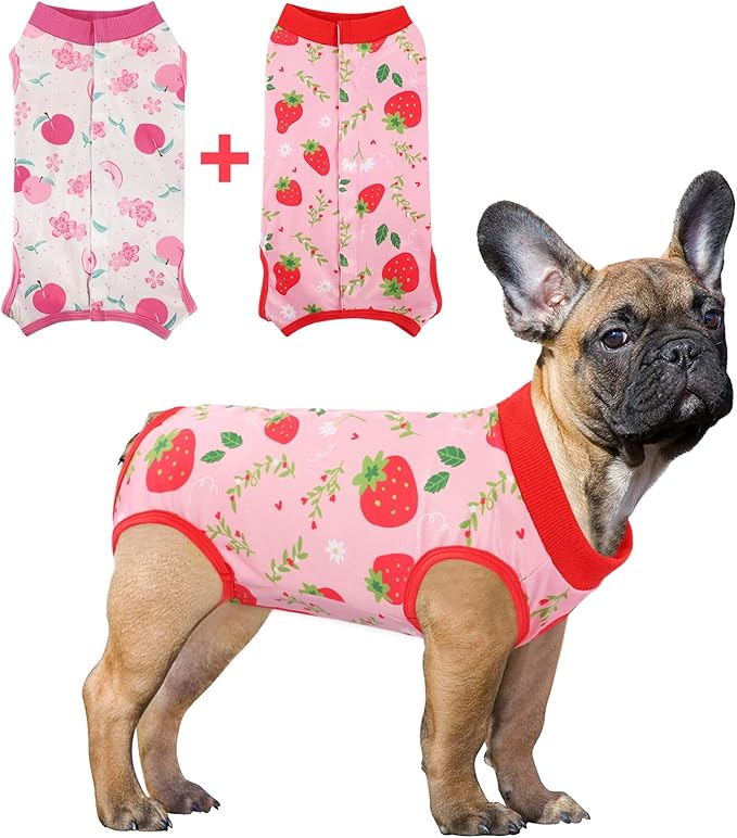 SAWMONG 2 Pack Recovery Suit for Dogs After Surgery, Dog Recovery Suit Soft Polyester, Pet Spay Surgical Suit Female Male, Dog Onesie Body Suit Substitute E-Collar Cone(Strawberry+ Peach,M)
