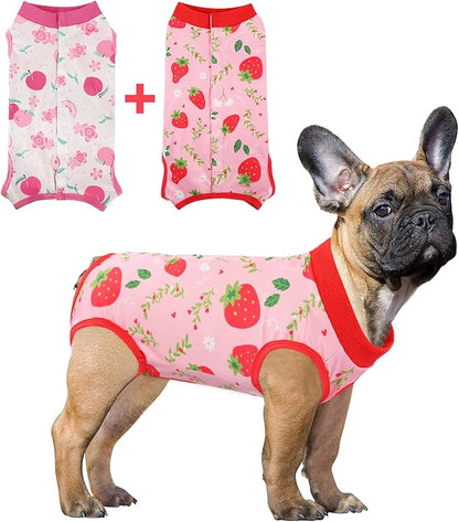 SAWMONG 2 Pack Recovery Suit for Dogs After Surgery, Dog Recovery Suit Soft Polyester, Pet Spay Surgical Suit Female Male, Dog Onesie Body Suit Substitute E-Collar Cone(Strawberry+ Peach,M)