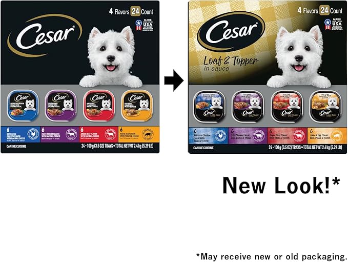 Cesar Loaf in Sauce Wet Dog Food Rotisserie Chicken,Filet Mignon,Angus Beef,and Ham & Egg Flavors Variety Pack,Wet Food for Dogs,3.5 oz Easy Peel Trays,24 Count (Pack of 2)