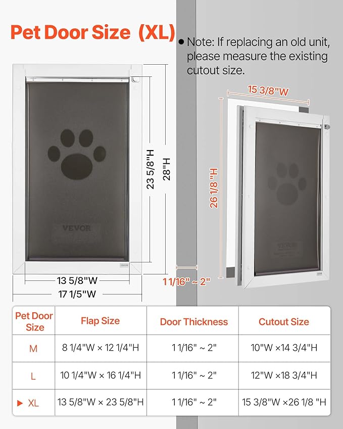 VEVOR Pet Door, X-Large, with Three Magnetic Flaps and Metal Frame, Strong and Weatherproof Dog Door for Interior and Exterior Doors, Easy to Install, Easy in-and-Out Access for Doggies, White