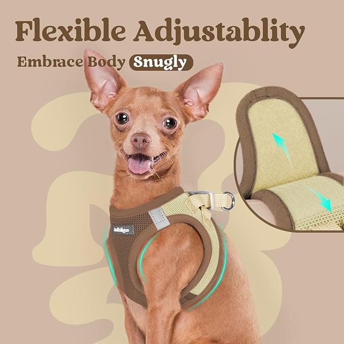 rabbitgoo Small Dog Harness, Step-in Soft Mesh Puppy Vest with Safety Buckle, Breathable Reflective Pet Harness for Small Sized Dogs, Brown & Beige S