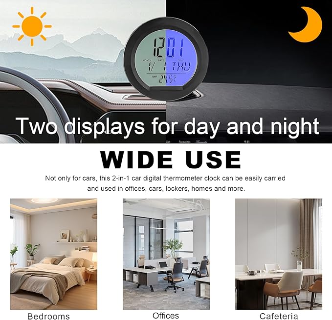 Car Digital Thermometer Clock, Dashboard Clock with Backlight Fahrenheit Celsius Temperature Display, Mini Adhesive 24 Hour Format Time Clock Calendar for Car Truck Home