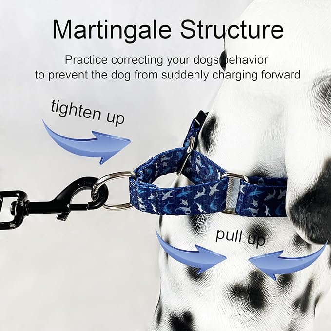 Martingale Collar for Dogs with Buckle Shark Dog Collar Adjustable Soft Nylon Boy Dog Collars for Extra Large Dogs, Deep Blue Shark