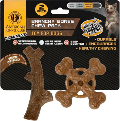 American Kennel Club 2 Pack Training Dog Chew Toy, Wood-Infused PP Assorted Dog Toys, Durable Dog Toys for Moderate Chewers, Beef Scented for Long-Lasting Engagement, Supports Dental Health